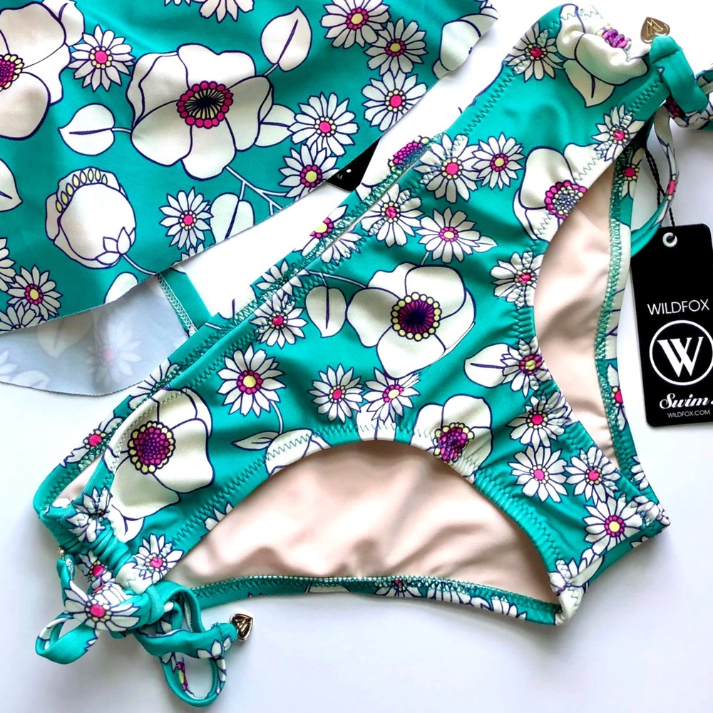 ‼️NEW WILDFOX Teal Retro 60’s Floral Adjustable Hipster Bikini Bottom Small